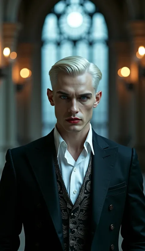 Close-up facial expressions， from the front，Shoot the front face ，A tall one、 A pale male vampire ， looked like a movie star Henry Cavill ， his short platinum blonde hair is neatly brushed behind ， sharp blue eyes and a sharp, elegant face 。He wears a goth...