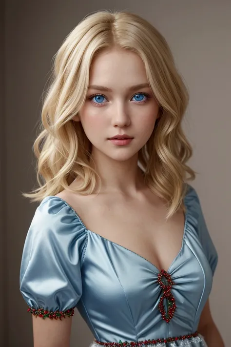 Dressed in a Christmas dress, short and wavy blonde hair,  blue eyes and fair skin 