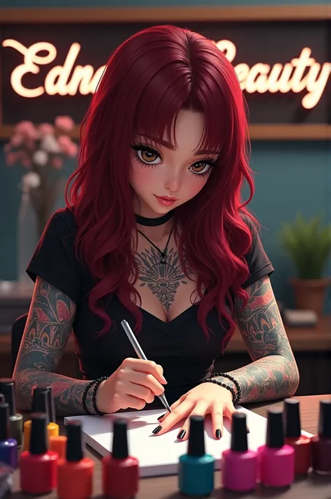 Manicurist girl with burgundy red hair, brown eyes, black lenses, arms with tattoos and a sign behind that says Edna Beauty on a table with lots of nail polishes 