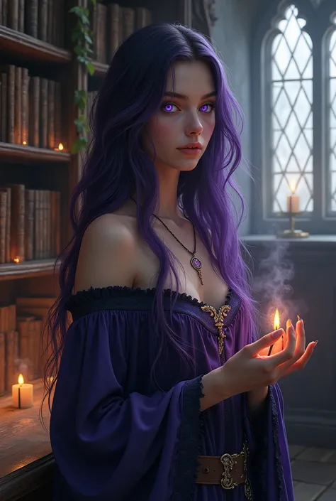 a young woman, approximately 18 years old, With waist-length hair and white, Violet eyes at a witchcraft school 