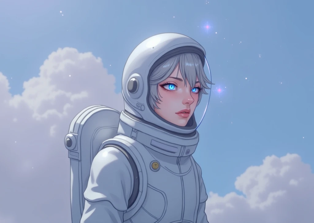 (Close-up of a better masterpiece:1.5)0.9], (Space and astronauts:1.2) (Messy silver hair:1.1) (Heterochromia xanthochromia and blue eyes:1.2) (Space Helmet:1.0) (Colored stars in the eyes:1.0) (A radiant glow:1.1) (thick lips:0.9)