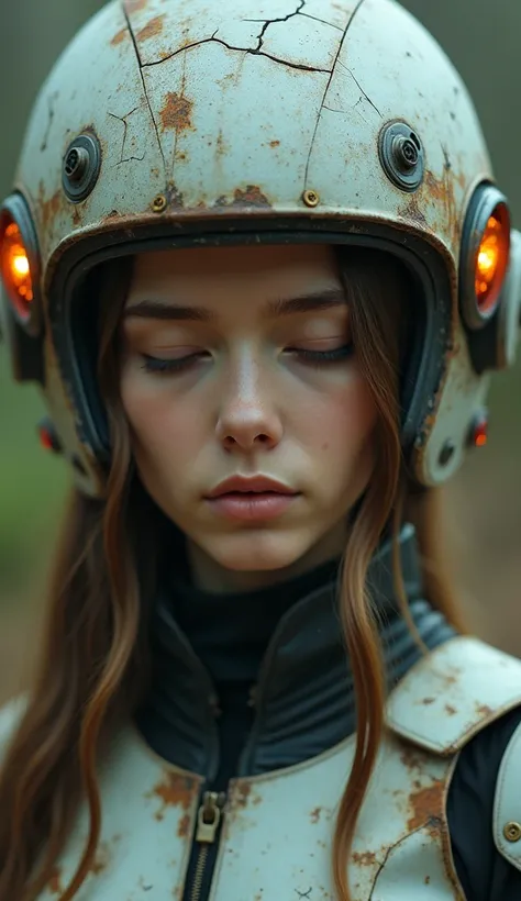  close-up portrait of a young womans face and upper body. She is wearing a futuristic helmet with a cracked and cracked surface, giving it an aged and weathered appearance. The helmet has two orange-colored lights on the sides, which appear to be glowing. ...