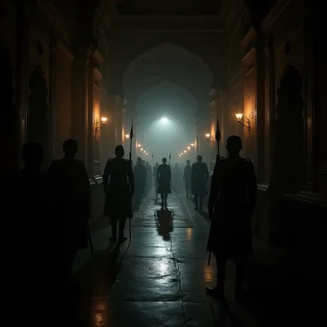 A mysterious night scene inside a grand Rajasthani palace. The image shows a dimly lit corridor with flickering oil lamps casting long shadows on intricately carved walls. The atmosphere is tense, with eerie silence prevailing. Guards in traditional Rajast...