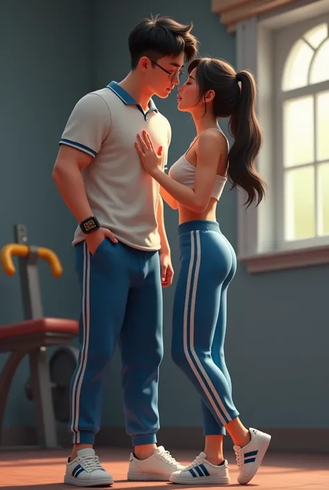  full body image, Oral sexual intercourse, In the gym, คู่นักชายหญิงTwo people,The handsome, 17-year-old Chinese teen, with short hair wearing glasses, wore a short-sleeved Thai school polo shirt, white slip-on fabric with blue stripes, and wore blue slip-...