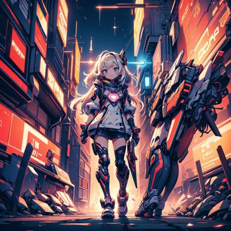  best dynamic composition standing back to back、 best quality、 masterpiece、 High Quality、Chibi、cute、A girl personifies a super robot、Rocket Punch、Fight the enemy、The best smile、 detailed background、 neon light,