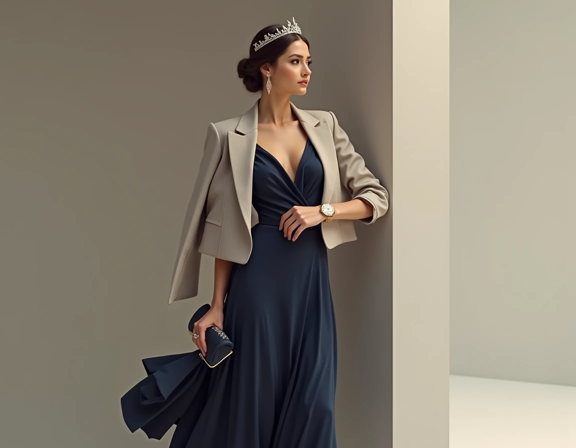 a lady, European royalty ,  with a modern midi dress ,  of navy blue silk with minimalist details .  She wears a structured blazer in neutral shades , black leather stilettos ,  metallic clutch and small earrings .  Her look is completed with a subtle tiar...