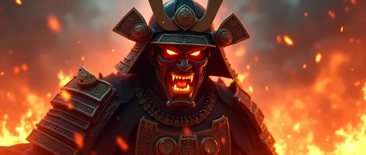 samurai in armor,  anime-style red eyes, rage, power, 4K, bares teeth, Madness, Everything is on fire, skin burns ,  inspires fear