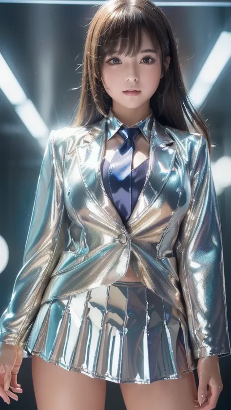 masterpiece,  best quality,  One Super Beautiful Young Japanese Woman  ,(6.5 heads),student,Front View,positive,smile,  COWBOY SHOOTING ,Daytime,( Background Like 2001 Spaceship Interior : Space Odyssey ), 
(  Ultra Shiny Metallic Color Blazer with Ultra S...