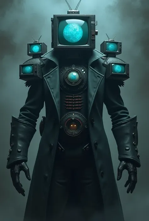 Custome titan tv man (tv head with neptune blue hue and black fog, a trench coat with a belt with a tv on it and metal knucle gloves, two smaller tvs on each side of the main head, two small tvs on shoulder with a foggy crack there is also a neptune colore...