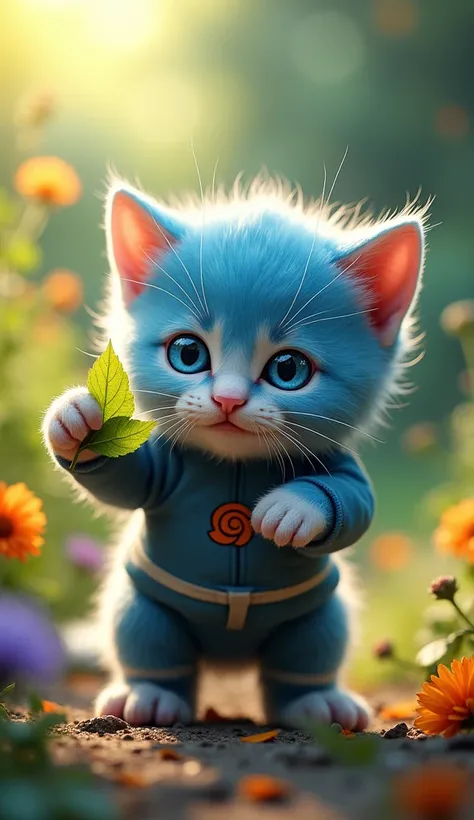 Ultra-detailed (a cute, bright blue-eyed kitten WEARING A NARUTO COSTUME and playing with a leaf in a sunny garden surrounded by wildflowers), Hyper-realistic, cinematic lighting, 4k.