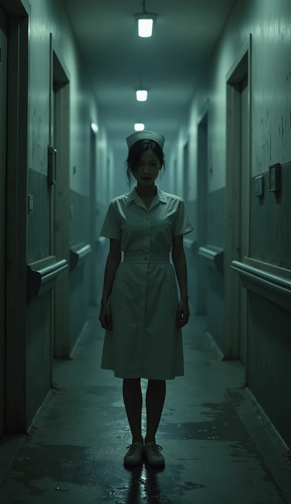 Image of a Vietnamese nurse, standing in the hospital hallway, gloomy and scary scene