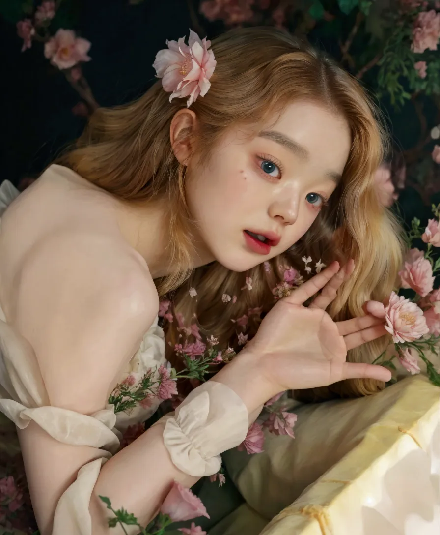 jennie frol blackpink there is a woman laying on a couch with flowers in her hair, elle fanning), portrait of elle fanning, moni...