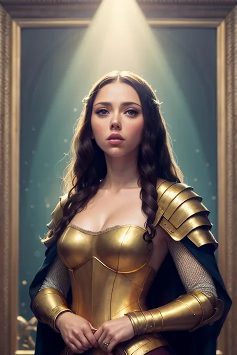 (photorealism:1.2), Beautiful Scarlett Johansson as Mona Lisa, jagged rocks background, god light, shiny metal weapons and armor, frank frazetta, hyperdetailed by Alphonse Mucha, romanticism painting, depth of field, digital illustration, Unreal Engine 5, ...