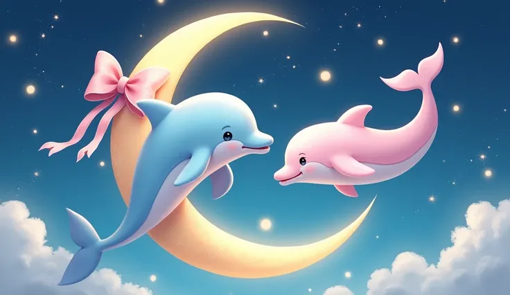 Illustration of a crescent moon with a bow on the right and two jumping dolphins, one light blue and the other pale pink