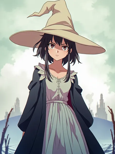 Witch, girl, black dress, black summer hat, howls moving castle, front view, evil