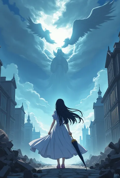 anime,  woman with her back ,  long black hair,  white Victorian dress with light blue details, umbrella closed in her right hand , Destroyed Victorian city,  battle between angels and demons .