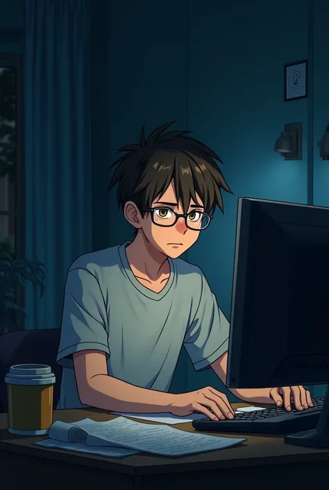  Brown college boy with glasses sitting in front of the computer at night , Very tired anime-style 