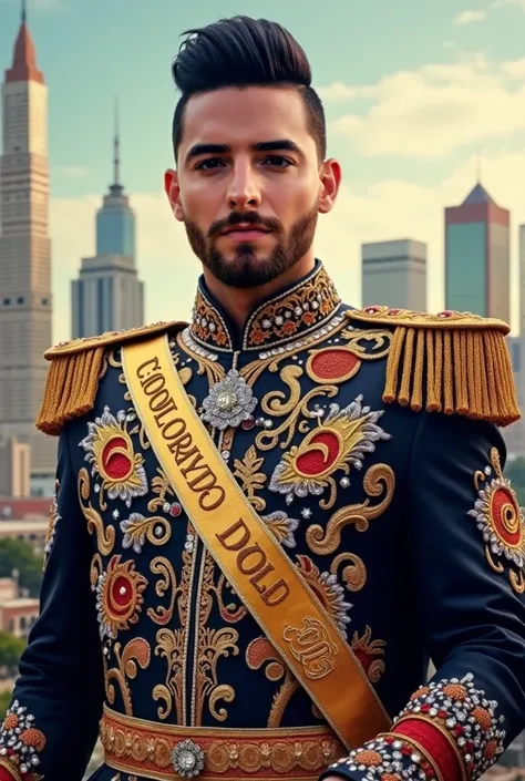  image of singer Maluma wearing a costume and mayors band and in the background you can see a city, The image that is realistic type , photography mode 