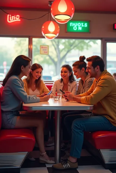 Picture of 6 friends at the diner 5 talking and one messing with the cell