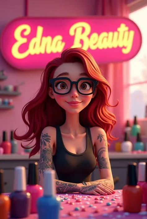 Pixar cover of a manicurist girl with loose burgundy red hair black lenses, tattooed arms, brown eyes on a table with lots of nail polishes and behind with a large sign that says Edna Beauty with a pink background