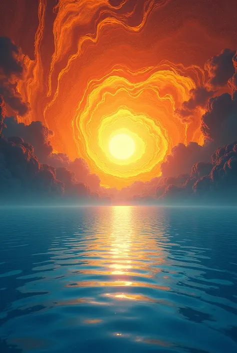 A trippy fractal orange sunset over clear blue water