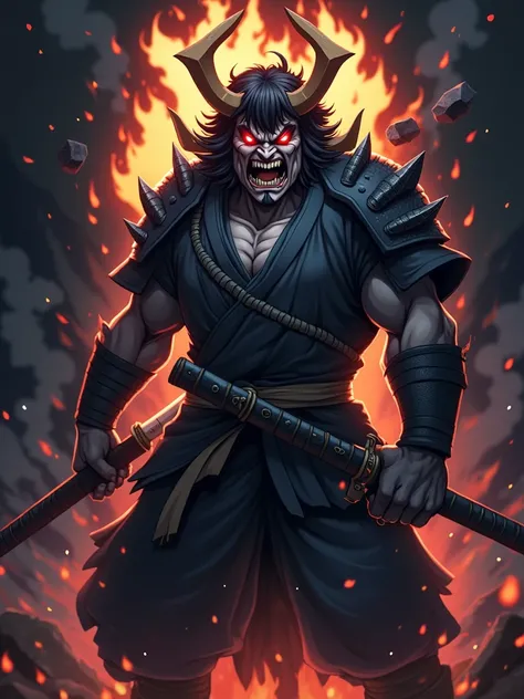 samurai,  anime-style red eyes, rage, power, 4K, bares teeth, Madness, Everything is on fire, skin burns ,  inspires fear