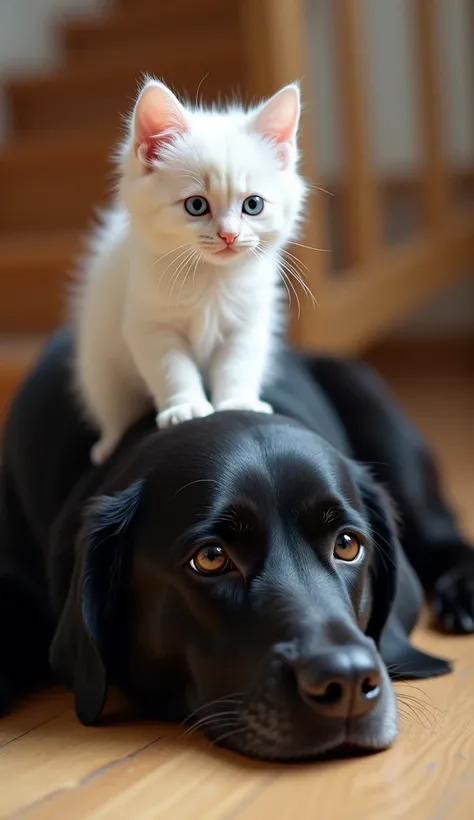 A close-up of a tiny cute baby white cat with nice fur climbing up on black Dog on wooden floor. He is very small, e fofo. The background is blurred with a living room, wooden staircase.