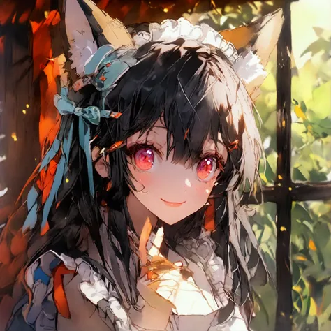  1 girl, Long hair, Close your eyes, smile,  character design ,  fox ears,  camera angle from top, Maid headband, Hair clip, 