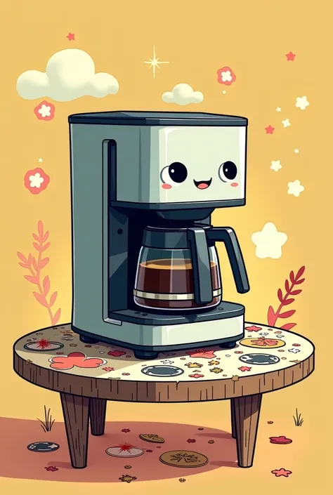 a coffee maker on a manga style table