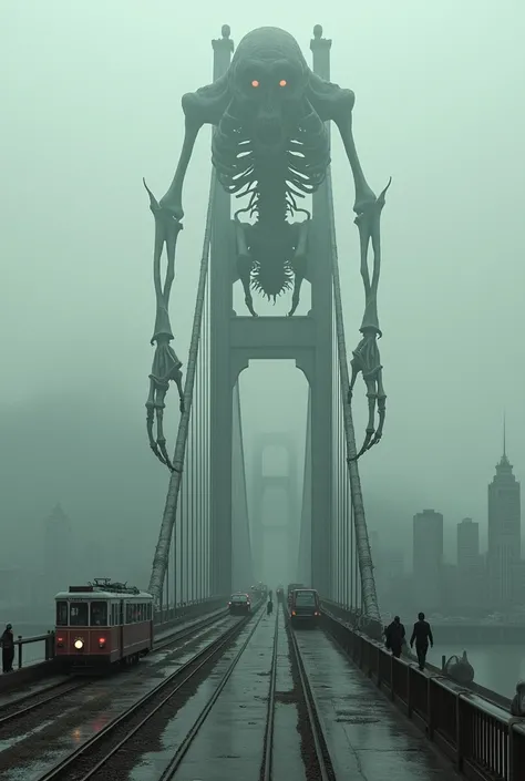  A foggy modern city, gray air, broken buildings, and the sea with no end visible at the end of the road ,  A two-lane bridge with an invisible long end connected to the road in the middle of the ocean , 다리 위 이차선을 따라 오고가는 빌딩 크기만한 얼굴은 해골같으나 몸은 얇고 긴 monster과...