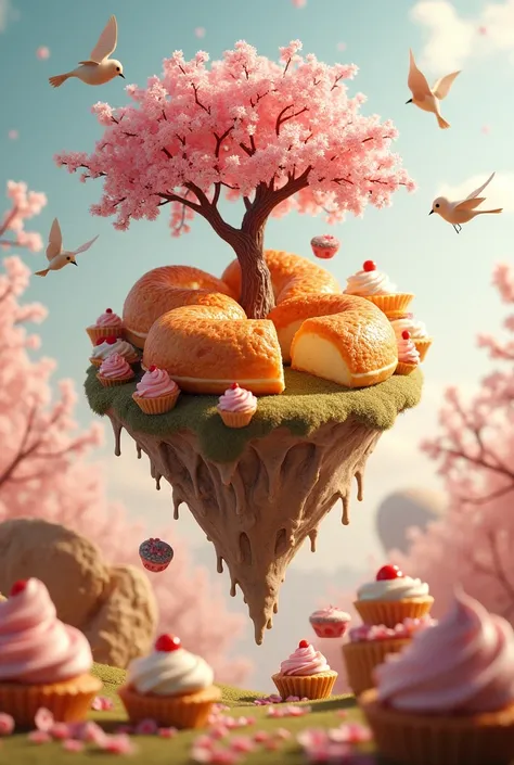 An island of bread with a cookie and Mochis and a big kuchen and pies and little cupcakes hanging from a small cherry tree with flowers and birds


