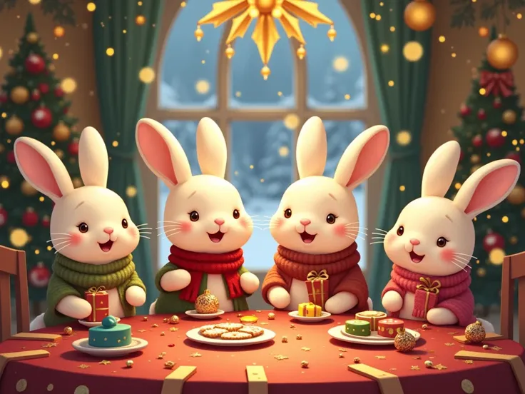 Prompt: "Rabbits enjoying a Christmas party. They are wearing cute clothes and smiling in a gorgeously decorated room. A Christmas tree and golden ornaments shine in the background, and a snowy winter landscape can be seen from the window. The art style is...