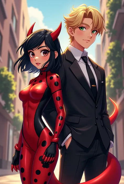 I want you to generate a girl being a Miraculous Ladybug character that has a similar outfit to Kagami Tsurugi with the dragon Miraculous, I want the girl to have shoulder-length black hair with chaps, her eyes light brown, her eyes light brown and her ski...