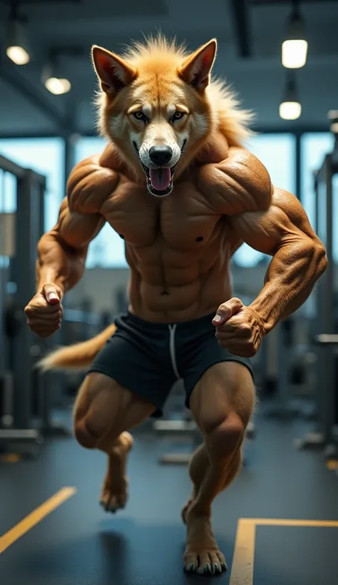  Create a dog, with a very muscular human body  ,  in a gym exercising,  The open angle of the image  ,blurred,  depth of field , Backlighting, 