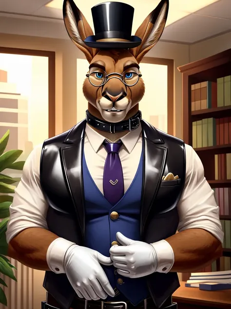 Solo, Male, fat, extremely obese, gentleman, dapper Professor Kangaroo, blue eyes, (posing:1.3), (soft shading), 4k, hi res, ((detailed face, detailed)), looking at viewer, mouth wide open, steampunk, dapper clothing, collared shirt with buttons, top hat, ...