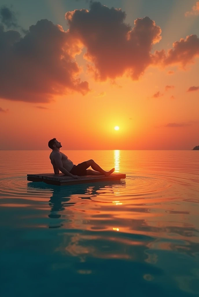 A beautiful orange sunset over clear blue water, with a man laying on a small wooden raft on his back in the water looking up. Make the scene relaxing 