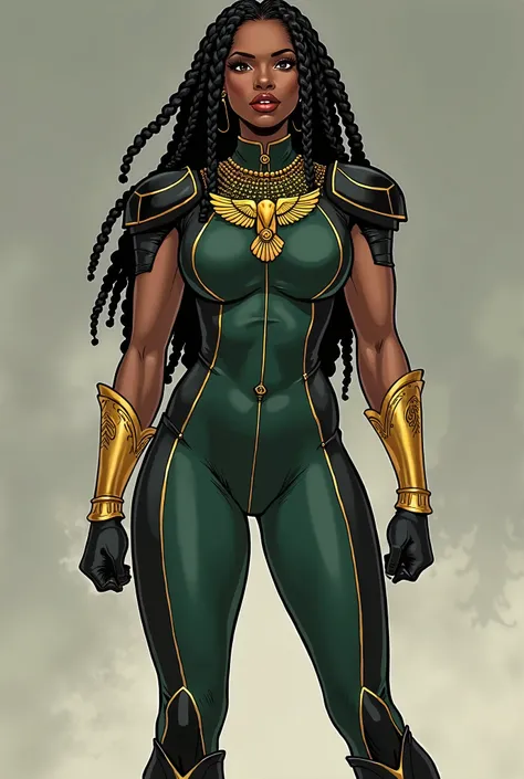 "Create a comic book style image of Major delivering a powerful message, standing tall with unshakable confidence. She is in her new look, exuding both strength and regal authority.

Attire: Major is wearing a dark green jumpsuit with black and gold accent...