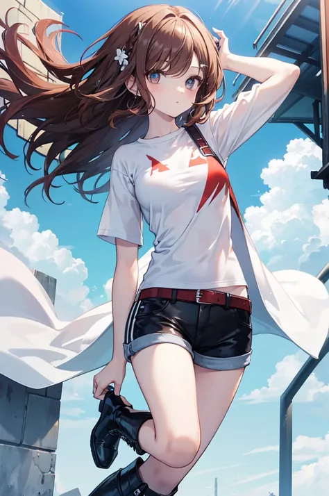 masterpiece,  best quality,Cool beautiful girl, slim figure、 SOFT WHITE COAT,Sky Blue T-Shirt、 black hotpants,Leather boots、Cool Summer,Slightly pale skin,Bright brown eyes,Red brown hair color(Semi-D), hairpin