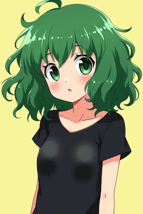 a cartoon girl with green hair and a black top, an anime drawing inspired by Rumiko Takahashi, tumblr, mingei, tatsumaki with green curly hair, tatsumaki, in the art style of 8 0 s anime, yayoi kasuma, marin kitagawa fanart, loli, cel - shaded art style, 9...