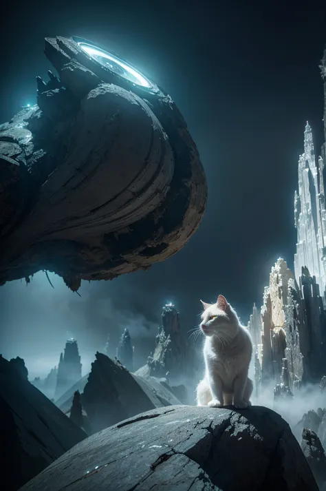 a white cat in a parallel universe, hyper detailed, cinematic, dramatic lighting, intricate sci-fi environment, neon lights, flo...