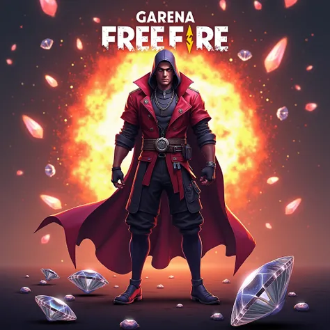 Make me a poster of the game GARENA FREE FIRE and diamonds are strewn below and there is a hayato character with a garena logo explosion