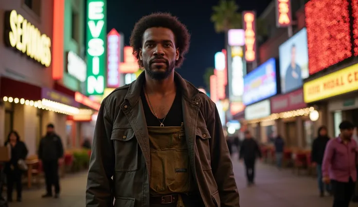 black man dressed in poor clothing standing on the road of Hollywood boulevard, cinematic shot 