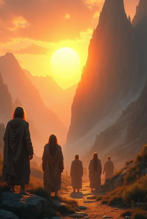 "An ancient landscape with mountains ,  where the sun rises brightly above the horizon .  Human figures from ancient times ,  looking at the sun .  The scene has a warm and natural tone ,  with a soft light that symbolizes the beginning of humanitys connec...