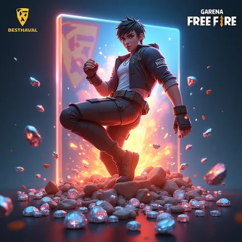  Create me a poster of the game GARENA FREE FIRE and diamonds are strewn below and there is a hayato character on the side, with garena logo explosion 