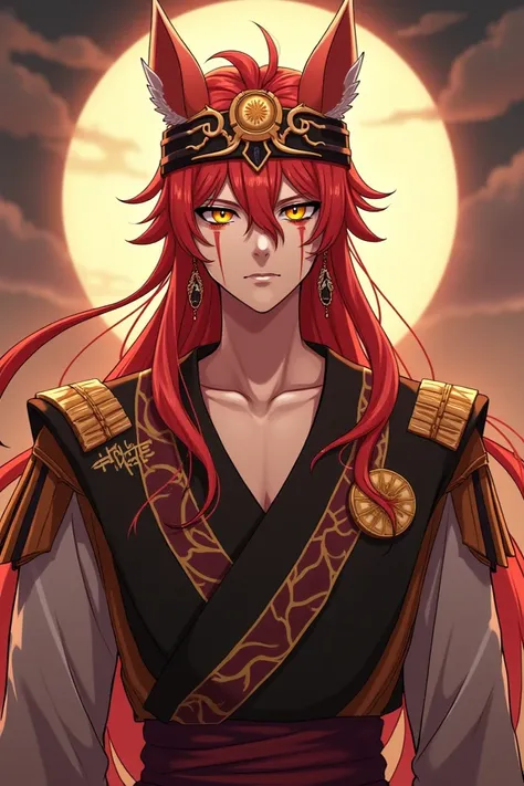  Create an image of Kai Elunaris 

Appearance: red hair and yellow pupils with circles on the pupils like a makima , but with an orange red color and an outfit similar to that of Qin Shi Huang from shuumatsu in the Valkyrie . And a bandana-like crown .  Th...