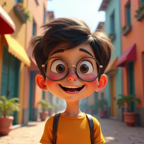  black hair,  Shortcut ,  smiles, Pixar,Glasses，Big Head，