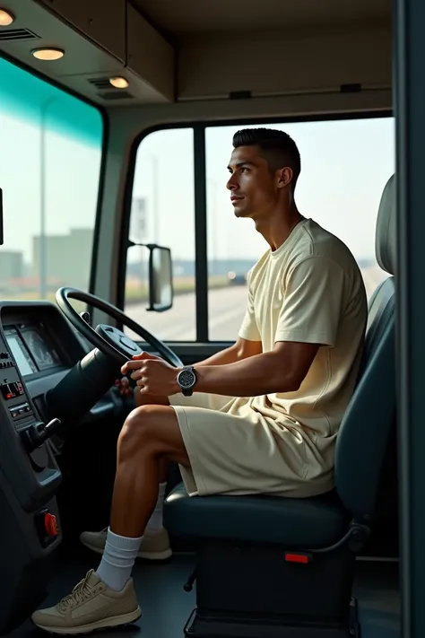 Generate the hyper realistic image of Cristiano Ronaldo wearing a bus driver dress and drive the bus