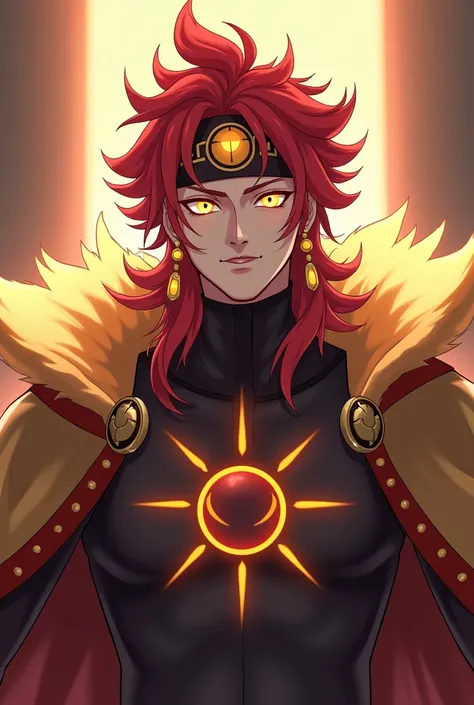  Create an image of Kai Elunaris 

Appearance: red hair and yellow pupils with circles on the pupils like a makima , but with an orange red color and an outfit similar to that of Qin Shi Huang from shuumatsu in the Valkyrie . And a bandana-like crown .  Th...