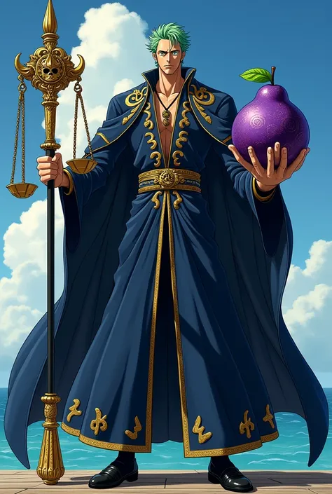 Pat stands tall as a formidable figure in a flowing deep navy blue judge’s robe adorned with golden accents and intricate patterns of legal symbols, reflecting authority and wisdom. His sharp green eyes, complemented by neat, tousled hair and rectangular g...