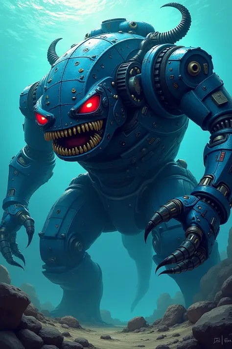 Giant.mechanical sea mobster, blue color, with red eyes ,comic